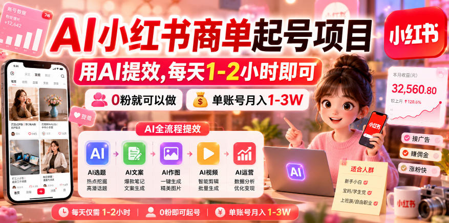AI小红书商单起号项目,用AI提效,每天1-2小时即可,0粉就可以做,单账号月入1-3W-仙女副业网