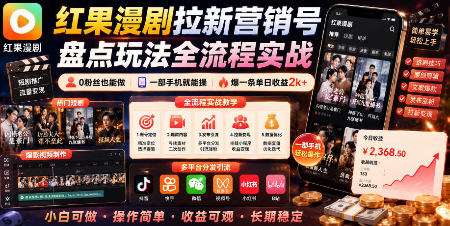 红果漫剧拉新营销号盘点玩法全流程实战,0粉丝也能做,一部手机就能做,爆一条单日收益2k+-仙女副业网