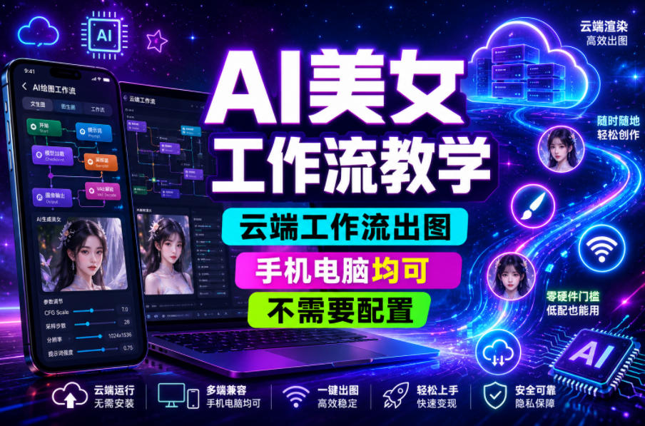 AI美女工作流教学,云端工作流出图,手机电脑均可,不需要配置,快速起号涨粉-仙女副业网