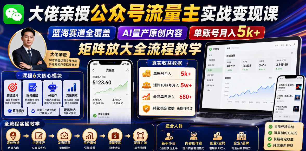 大佬亲授公众号流量主实战变现课,蓝海赛道全覆盖,AI量产原创内容,单账号月入5k+矩阵放大全流程教学-仙女副业网