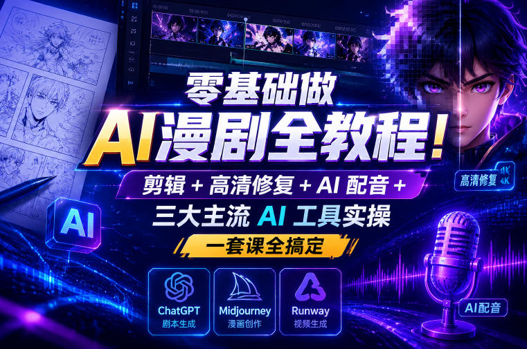 零基础做AI漫剧全教程!剪辑+高清修复+AI配音+三大主流AI工具实操,一套课全搞定-仙女副业网