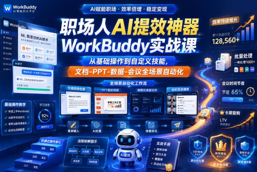 职场人AI提效神器WorkBuddy实战课，从基础操作到自定义技能，文档-PPT-数据-会议全场景自动化-仙女副业网