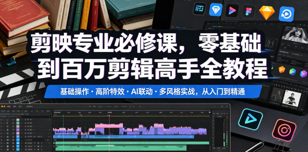 剪映专业必修课,零基础到百万剪辑高手全教程,基础操作・高阶特效・AI联动・多风格实战,从入门到精通-仙女副业网