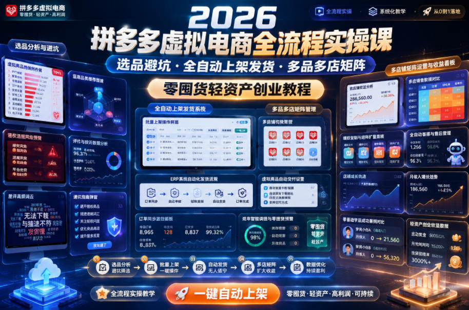 2026拼多多虚拟电商全流程实操课,选品避坑・全自动上架发货・多品多店矩阵,零囤货轻资产创业教程-仙女副业网