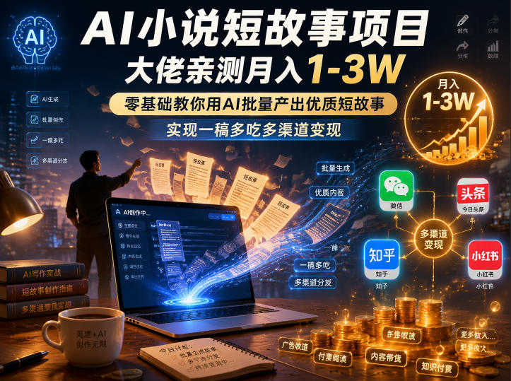 AI小说短故事项目,大佬亲测月入1-3W,零基础教你用AI批量产出优质短故事,实现一稿多吃多渠道变现-仙女副业网