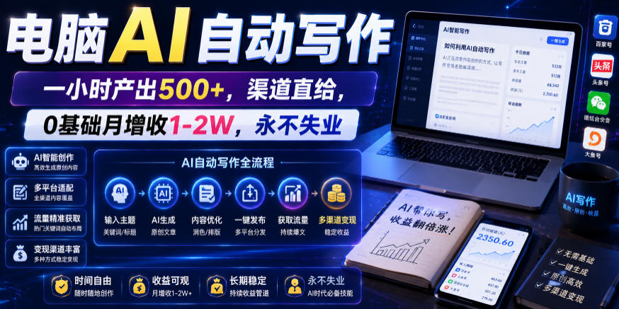 电脑AI自动写作,一小时产出500+,渠道直给,0基础月增收1-2W,永不失业【揭秘】-仙女副业网