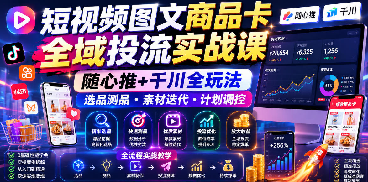 短视频图文商品卡全域投流实战课,随心推+千川全玩法,选品测品・素材迭代・计划调控,提升ROI爆单增收教程-仙女副业网