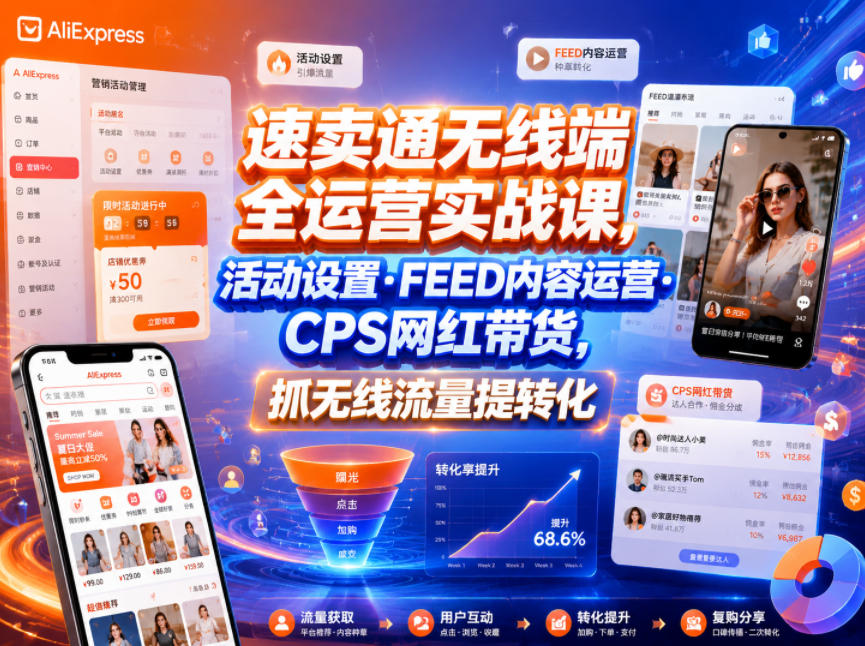 速卖通无线端全运营实战课,活动设置・FEED内容运营・CPS网红带货,抓无线流量提转化-仙女副业网