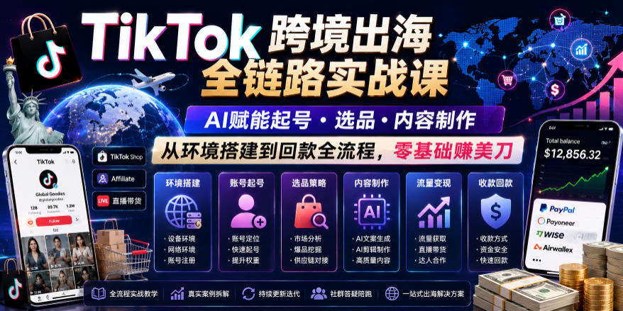 TikTok跨境出海全链路实战课,AI赋能起号・选品・内容制作,从环境搭建到回款全流程,零基础賺美刀-仙女副业网