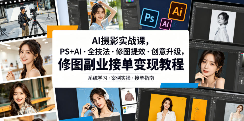 AI摄影实战课,PS+AI・全技法・修图提效・创意升级,修图副业接单变现教程-仙女副业网