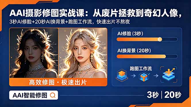 AI摄影修图实战课:从废片拯救 到 奇幻人像,3秒AI修脸+20秒AI换背景+跑图工作流,快速出片不熬夜-仙女副业网