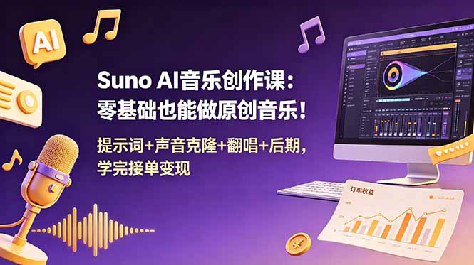 Suno AI音乐创作课：零基础也能做原创音乐！提示词+声音克隆+翻唱+后期，学完接单变现-仙女副业网