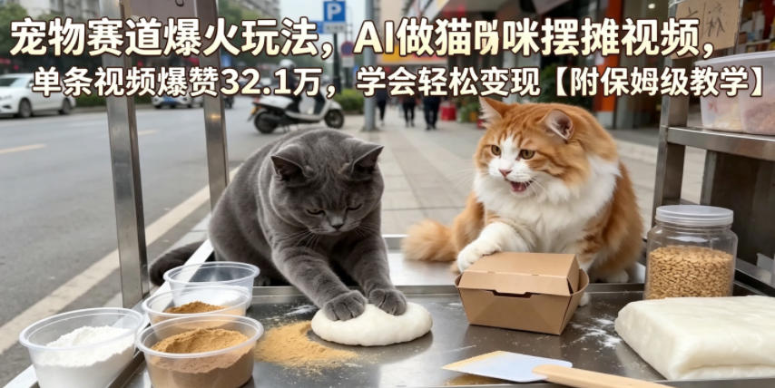 宠物赛道爆火玩法,AI做猫咪摆摊视频,单条视频爆赞32.1万,学会轻松变现【附保姆级教学】-仙女副业网