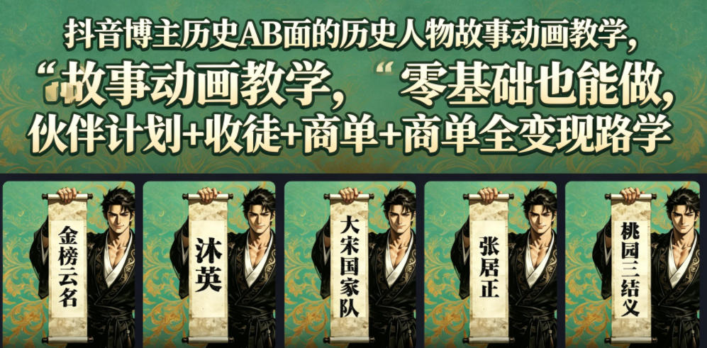 抖音博主历史AB面的历史人物故事动画教学,零基础也能做,伙伴计划+收徒+商单全变现路径教学-仙女副业网