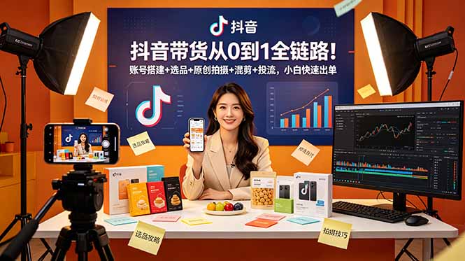 抖音带货从0到1全链路!账号搭建+选品+原创拍摄+混剪+投流,小白快速出单-仙女副业网
