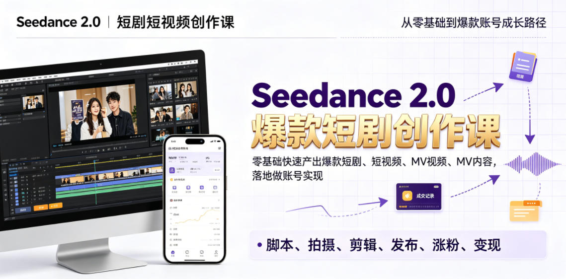 Seedance 2.0短剧短视频创作课,零基础快速产出爆款短剧、短视频、MV内容,落地做账号实现变现-仙女副业网