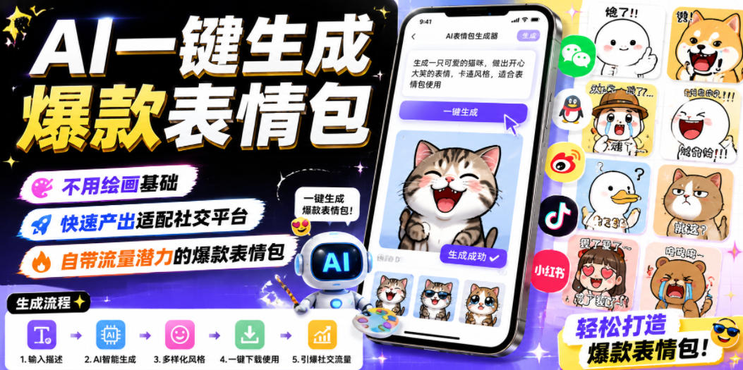 AI一键生成爆款表情包，不用绘画基础，快速产出适配社交平台，自带流量潜力的爆款表情包-仙女副业网