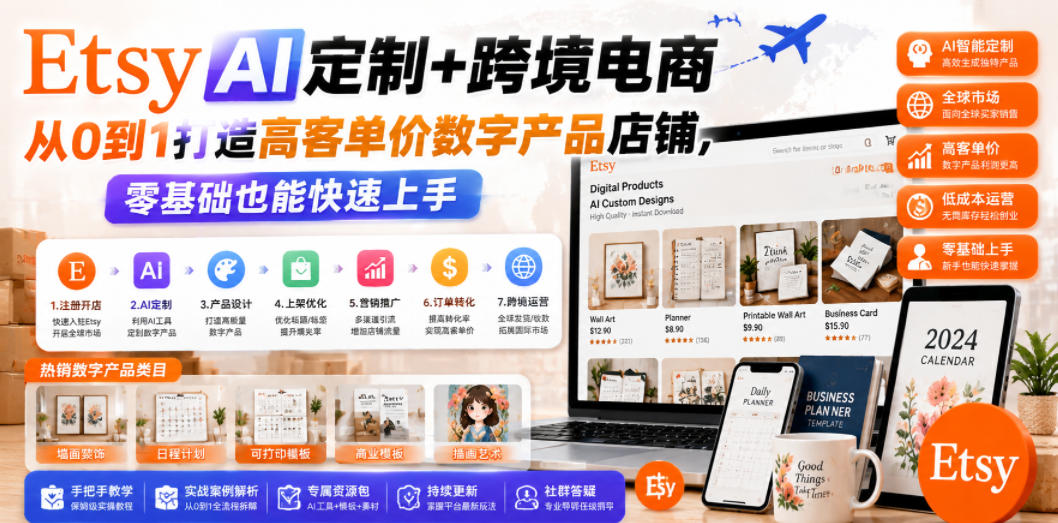 Etsy AI定制+跨境电商，从0到1打造高客单价数字产品店铺，零基础也能快速上手-仙女副业网