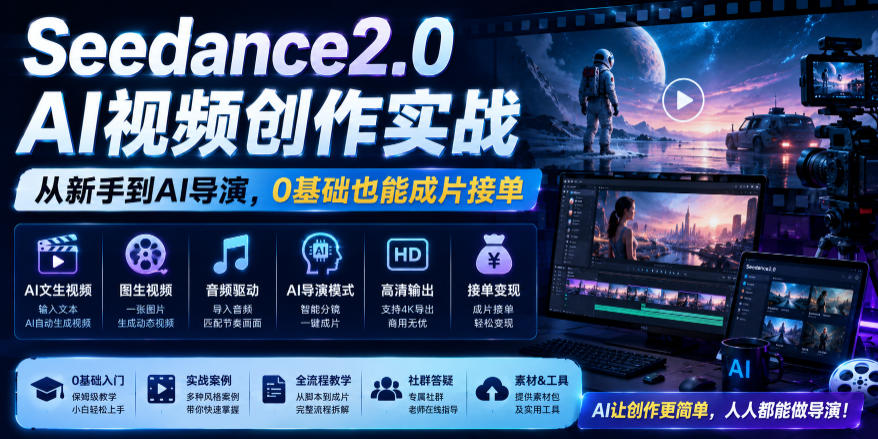Seedance2.0 AI视频创作实战,从新手到AI导演,0基础也能成片接单变现-仙女副业网