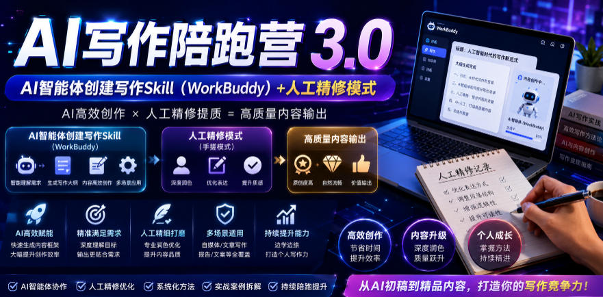 AI写作陪跑营3.0,Ai智能体创建写作skill(workbuddy)+人工手写模式(手搓模式),去除AI痕迹(头条号、公众号、百家号)-仙女副业网