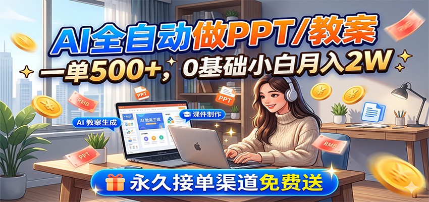 AI全自动做PPT/教案，一单500+，0基础小白月入2W，永久接单渠道免费送-仙女副业网