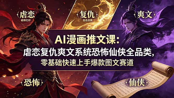 AI漫画推文课：虐恋复仇爽文系统恐怖仙侠全品类，零基础快速上手爆款图文赛道-仙女副业网