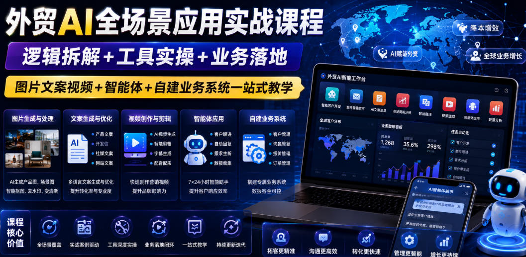 外贸AI全场景应用实战课程｜逻辑拆解+工具实操+业务落地，图片文案视频+智能体+自建业务系统一站式教学-仙女副业网