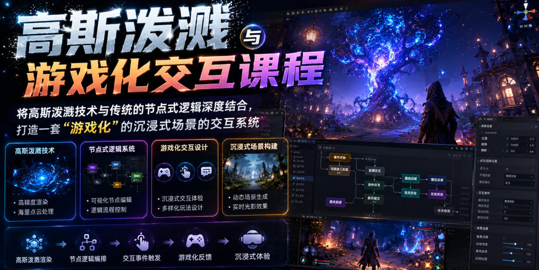 高斯泼溅与游戏化交互课程，将高斯泼溅技术与传统的节点式逻辑深度结合，打造一套“游戏化”的沉浸式场景的交互系统-仙女副业网