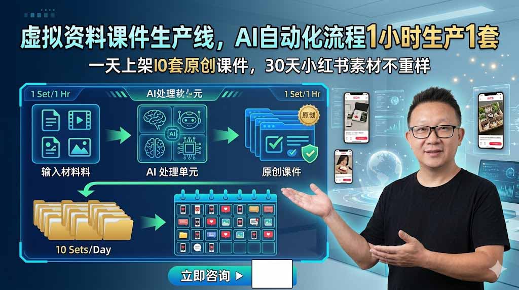 虚拟资料课件生产线,AI自动化流程1小时生产1套,一天上架10套原创课件,30天小红书素材不重样-仙女副业网