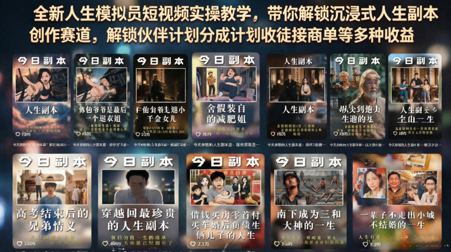 全新人生模拟员短视频实操教学,带你解锁沉浸式人生副本创作赛道,解锁伙伴计划分成计划收徒接商单等多种收益-仙女副业网