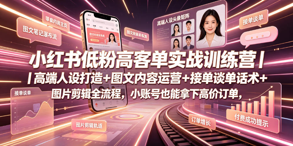 小红书低粉高客单实战训练营｜高端人设打造+图文内容运营+接单谈单话术+图片剪辑全流程，小账号也能拿下高价订单-仙女副业网