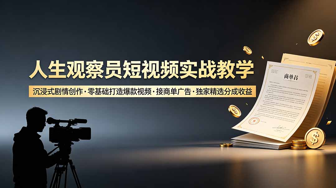 人生观察员短视频实战教学,沉浸式剧情创作,零基础打造爆款视频,接商单广告,独家精选分成收益-仙女副业网