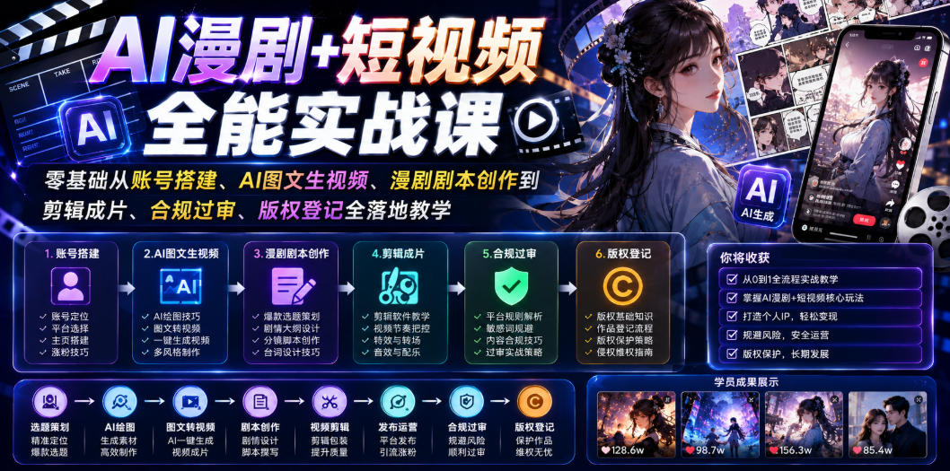 AI漫剧+短视频全能实战课|零基础从账号搭建、AI图文生视频、漫剧剧本创作到剪辑成片、合规过审、版权登记全落地教学-仙女副业网