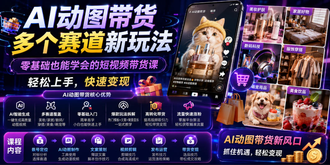 AI动图带货多个赛道新玩法,零基础也能学会的短视频带货课,轻松上手,快速变现-仙女副业网