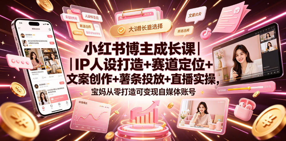小红书博主成长课|IP人设打造+赛道定位+文案创作+薯条投放+直播实操,宝妈从零打造可变现自媒体账号-仙女副业网