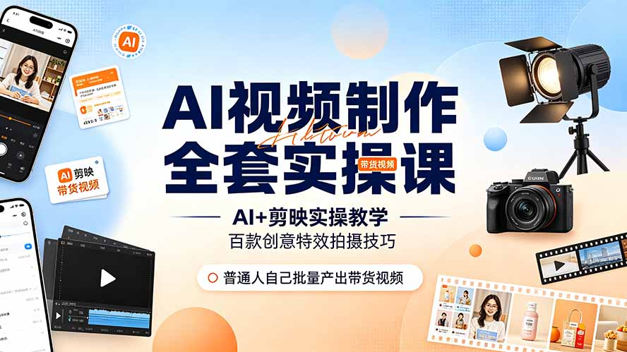 AI视频制作全套实操课,多款AI工具搭配剪映教学,百种特效运镜拍摄实操,抖音账号带货运营全覆盖-仙女副业网
