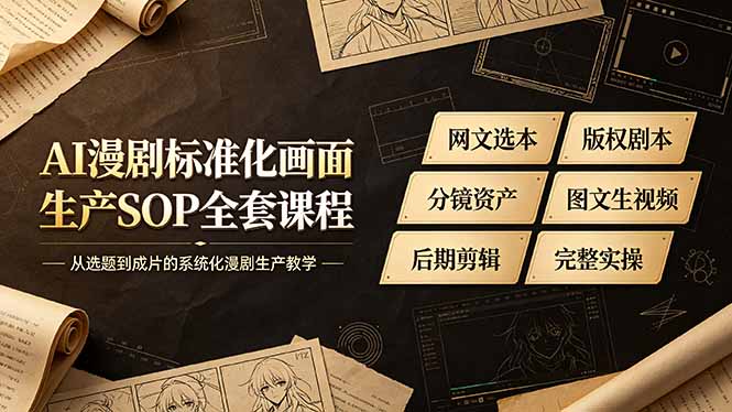 AI漫剧标准化画面生产SOP全套课程,网文选本版权剧本分镜资产全覆盖,图文生视频后期剪辑完整实操教学-仙女副业网