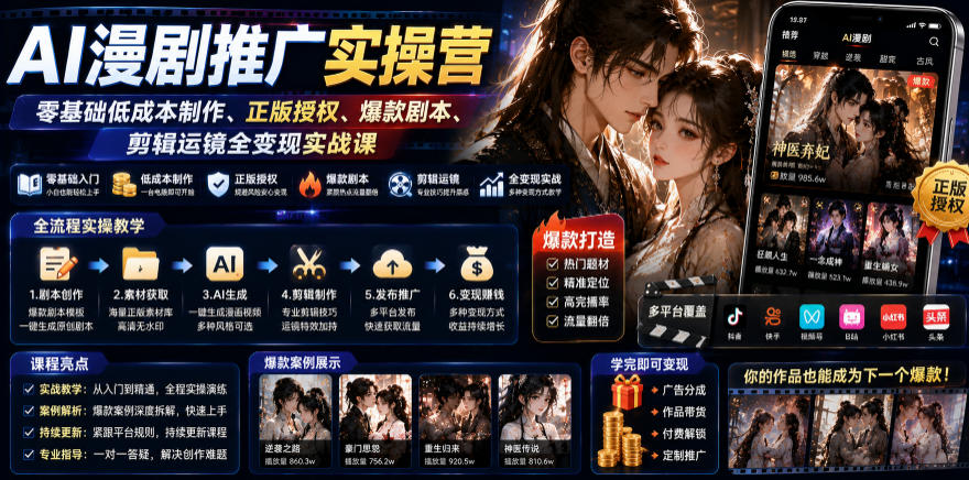AI漫剧推广实操营｜零基础低成本制作、正版授权、爆款剧本、剪辑运镜全变现实战课-仙女副业网