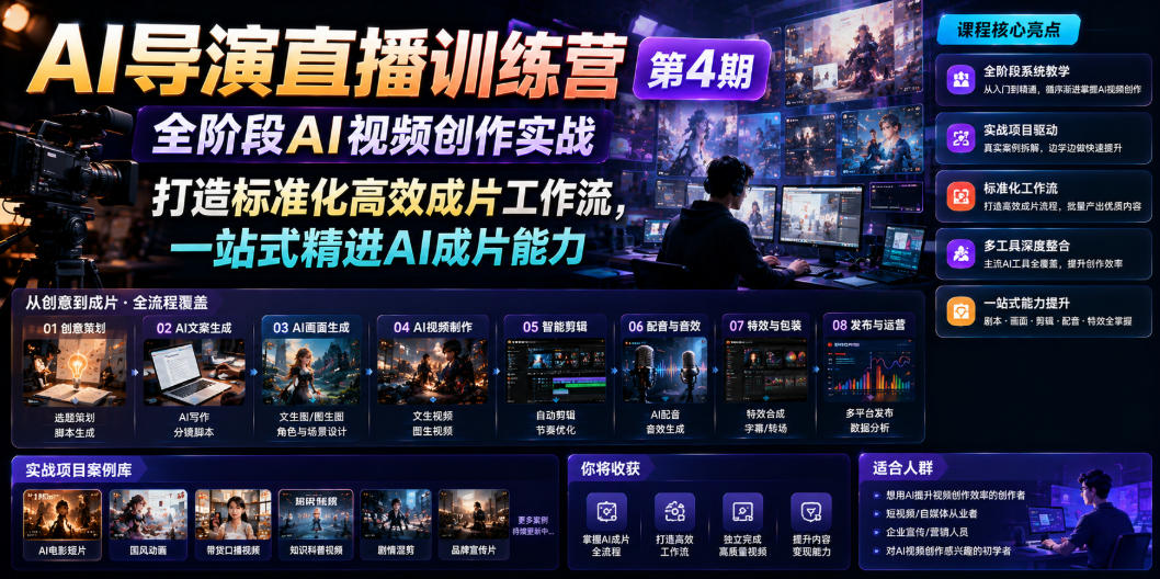 AI导演直播训练营第4期|全阶段AI视频创作实战,打造标准化高效成片工作流,一站式精进AI成片能力-仙女副业网