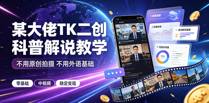 某大佬TK二创科普解说教学,不用原创拍摄不用外语基础,零基础做TikTok中视频稳定变现-仙女副业网