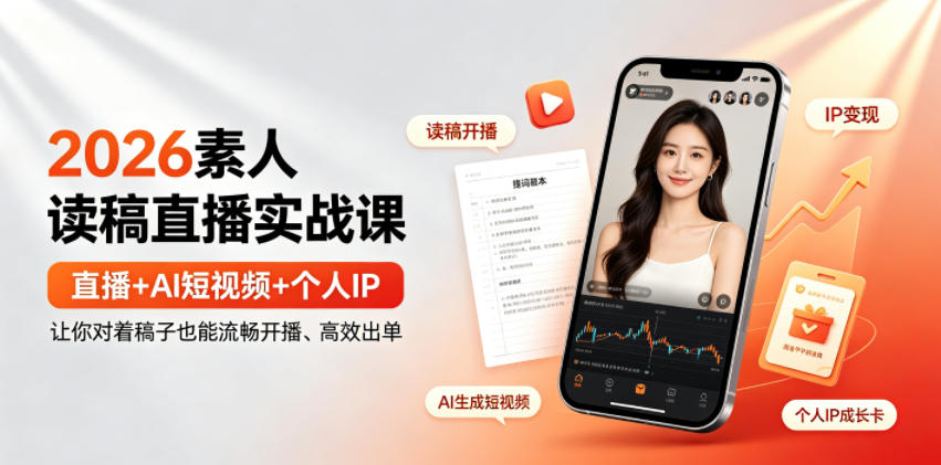 2026素人读稿直播实战课|直播+AI短视频+个人IP,让你对着稿子也能流畅开播、高效出单-仙女副业网
