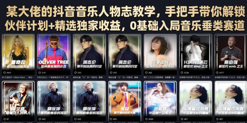 某大佬的抖音音乐人物志教学,手把手带你解锁伙伴计划+精选独家收益,0基础入局音乐垂类赛道-仙女副业网