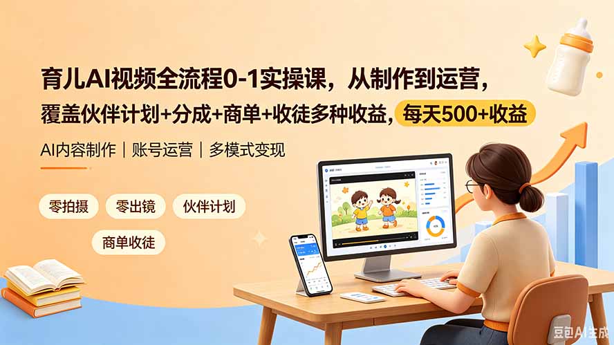 育儿AI视频全流程0-1实操课，从制作到运营，覆盖伙伴计划+分成+商单+收徒多种收益，每天500+收益-仙女副业网