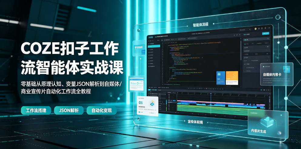 COZE扣子工作流智能体实战课｜零基础从原理认知、变量JSON解析到自媒体/商业宣传片自动化工作流全教程-仙女副业网