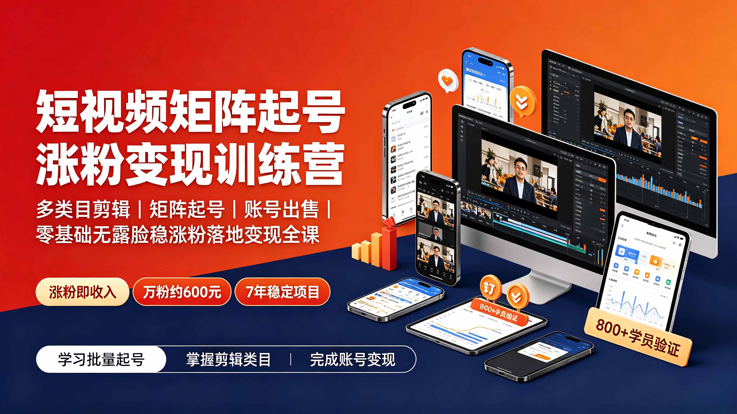 短视频矩阵起号涨粉变现训练营｜多类目剪辑·矩阵起号·账号出售，零基础无露脸稳涨粉落地变现全课-仙女副业网