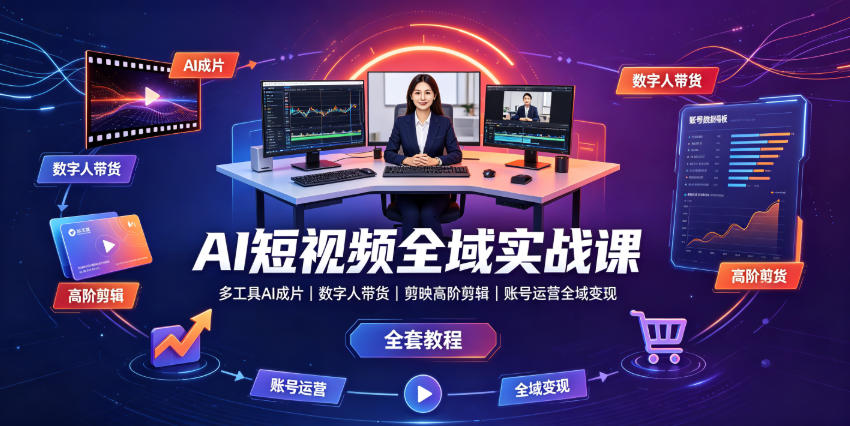 AI短视频全域实战课｜多工具AI成片、数字人带货、剪映高阶剪辑、账号运营全域变现全套教程-仙女副业网
