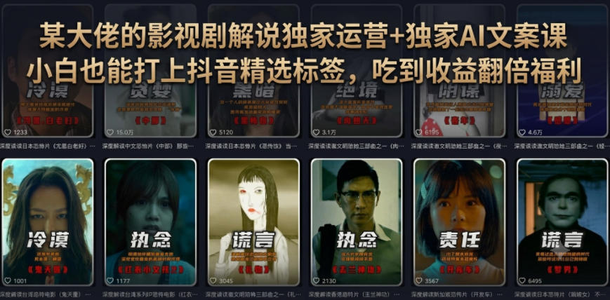 某大佬的影视剧解说独家运营+独家AI文案课，小白0粉丝也能快速打上抖音精选标签、吃到收益翻倍福利-仙女副业网