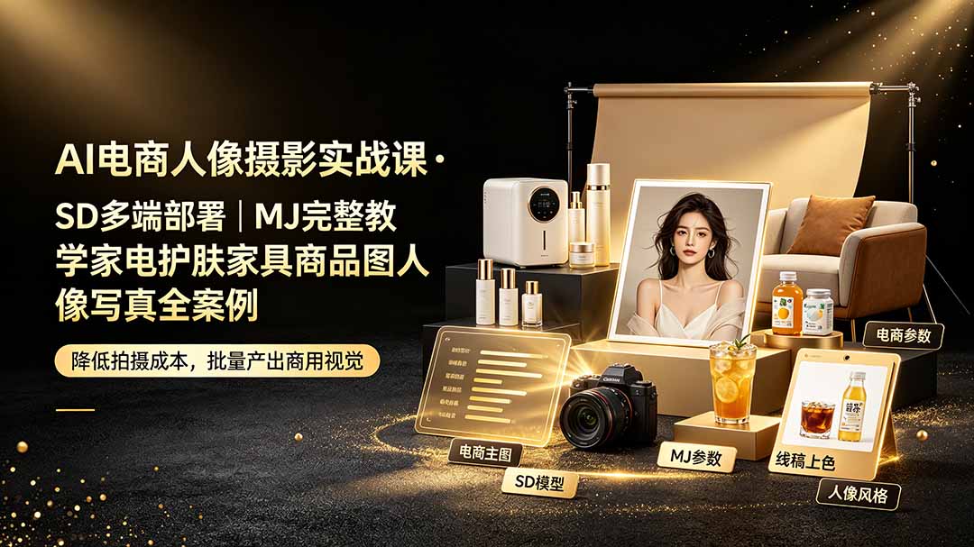 AI电商人像摄影实战课·SD多端部署｜MJ完整教学｜家电护肤家具商品图人像写真全案例-仙女副业网