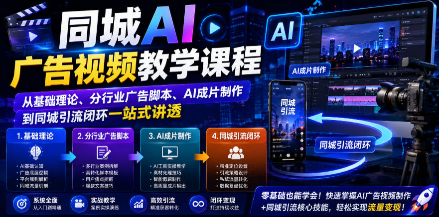 同城AI广告视频教学课程，从基础理论、分行业广告脚本、AI成片制作到同城引流闭环一站式讲透-仙女副业网