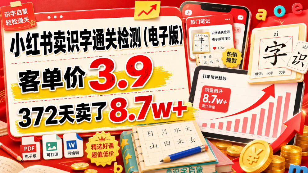小红书卖识字通关检测(电子版),客单价3.9,372天卖了8.7w+-仙女副业网